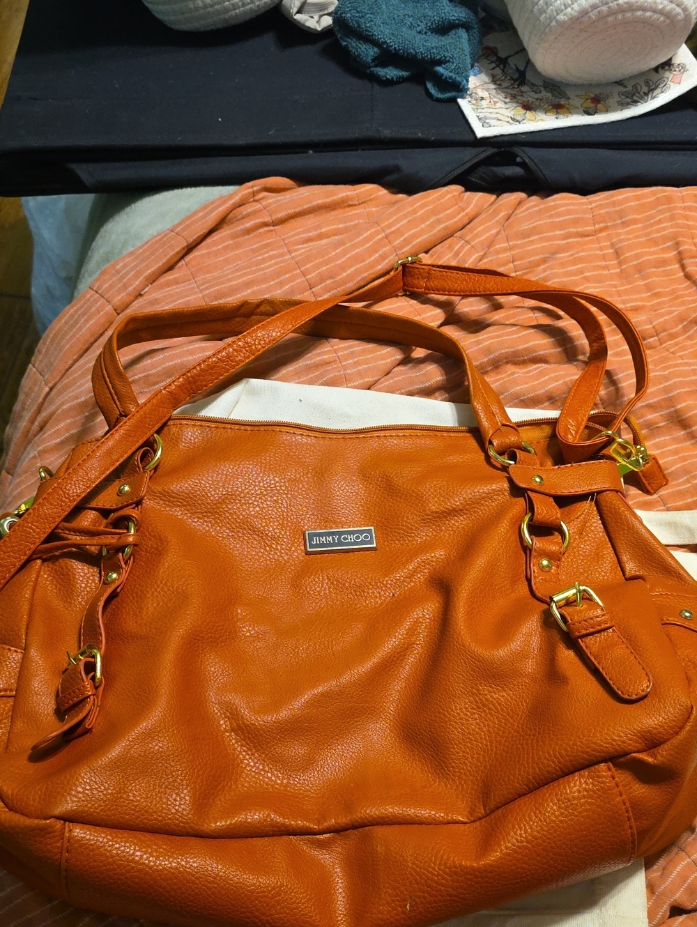 Jimmy Choo Orange Pebbled Leather Shoulder Tote with Gold Hardware